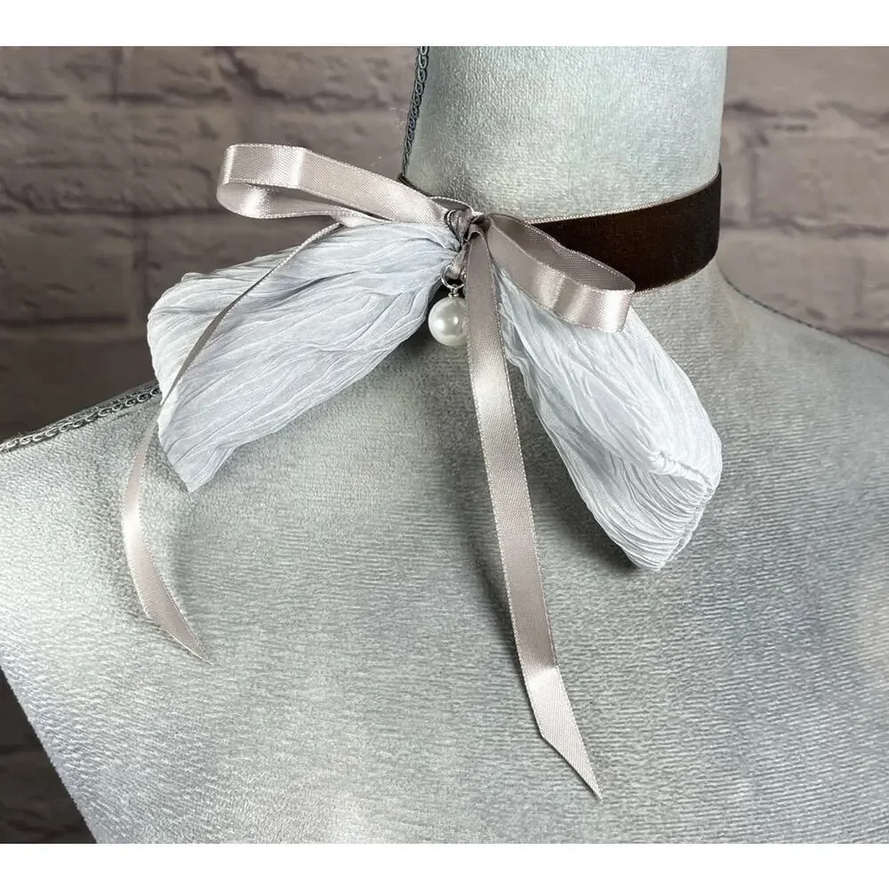 Handmade Mink Brown Velvet Choker with Offset Avant Garde Pale Blue Bow & Pearl